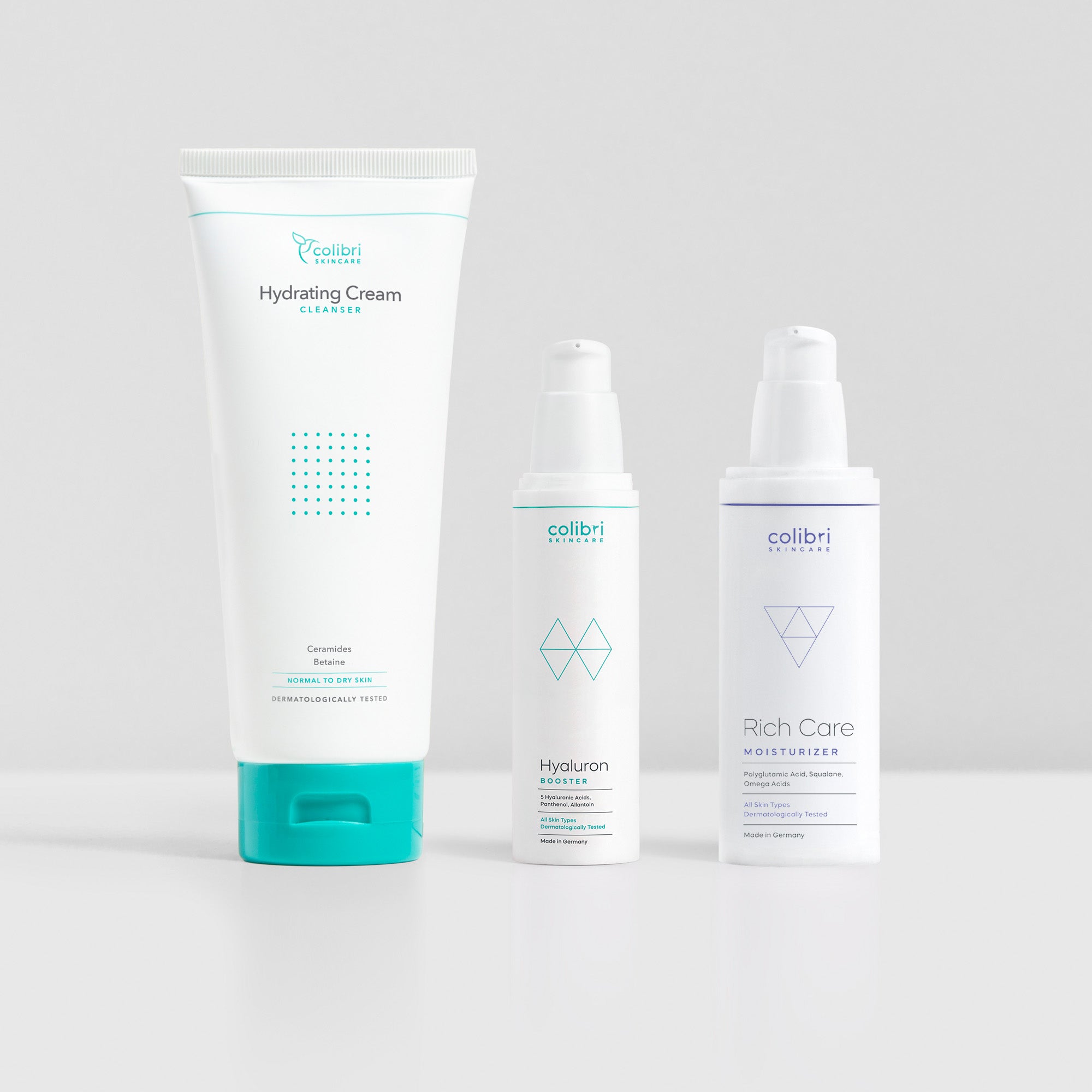 Trockene Haut Set bestehend aus Hydrating Cream Cleanser, Hyaluron Booster und Rich Care Moisturizer