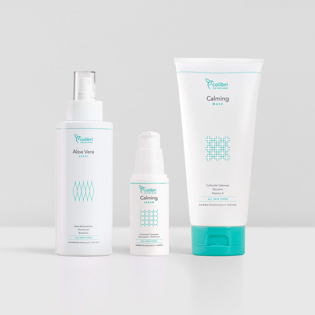 3 colibri skincare produkte im set: aloe vera spray, calming serum und calming mask