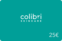 Geschenkkarte von Colibri Skincare im Wert von 25 Euro auf türkisfarbenem Hintergrund.